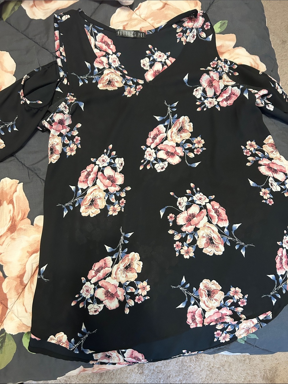Potter's Pot Black Floral Blouse with Pink and Blue Accents